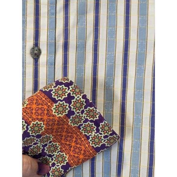 Robert Graham Shirt Men's Blue Striped Button Up Embroidered Flip Cuff | M EUC - Picture 12 of 16